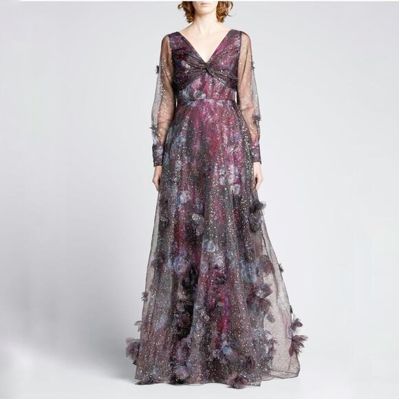Marchesa Gown 3D Floral Purple Black Printed Organza Foiled Long Sleeve Sz 6 - Picture 1 of 13